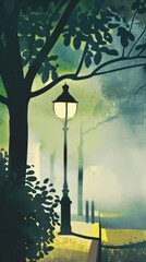 A street lamp glows in misty park at night