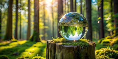 Poster - Crystal ball on pedestal in forest setting, crystal ball, pedestal, lush, green, forest, magical, mystical