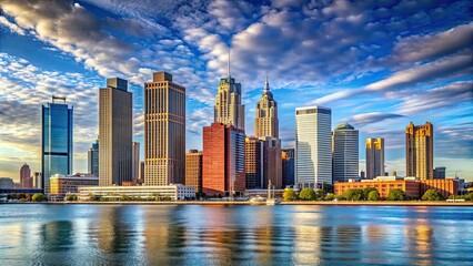 Canvas Print - Downtown Detroit skyline showcasing modern buildings and architecture, downtown, Detroit, Michigan, USA, cityscape