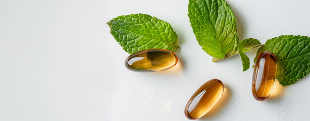 jelly capsules-tablets of brown color with green leaves on a white background, banner for advertising environmentally friendly food supplements