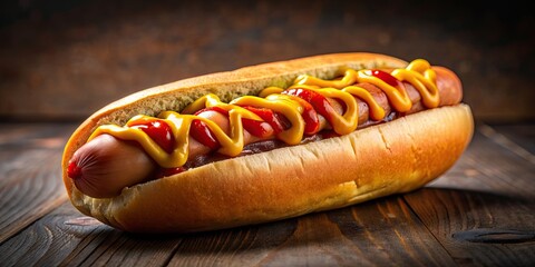 Canvas Print - Delicious hot dog topped with ketchup and mustard, hot dog, food, snack, condiments, summer, BBQ, fast food, sausage, bun