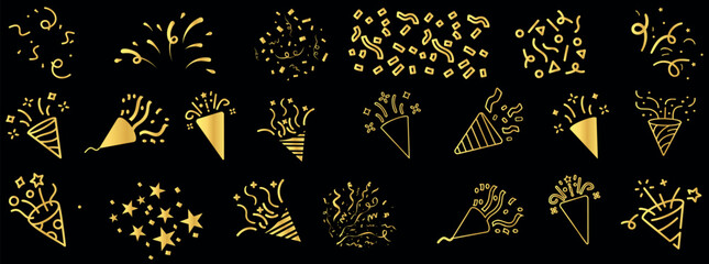 Golden confetti icon celebration festive illustrations, gold party poppers, decorative sparkles. Perfect for party invitations, New Year’s Eve, birthday cards and holiday designs