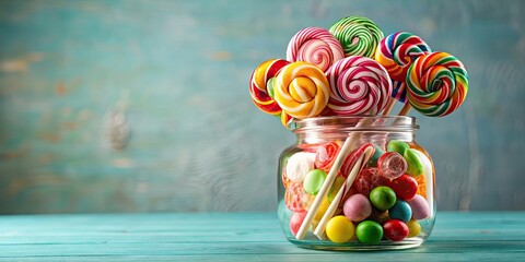 Wall Mural - Colorful assortment of lollipops in a glass jar, sweets, candy, treats, confectionery, sugar, dessert