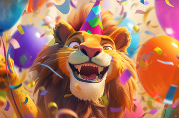 Poster - A lion with a party hat, balloons and confetti around