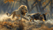 © Prompt World - Lion Chasing Wildebeest in Dramatic Savannah Scene