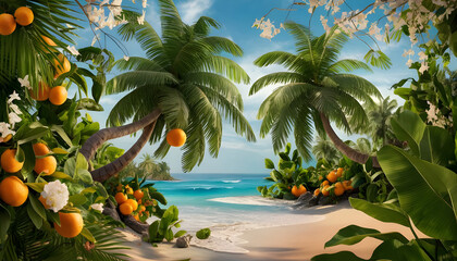 Palm tree with oranges flowers background. Beach background