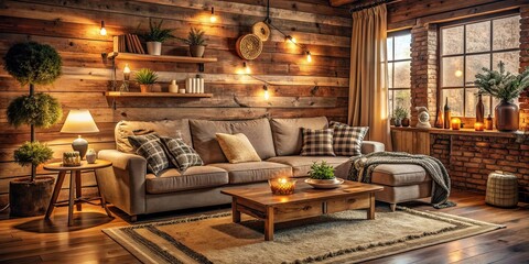 Sticker - Cozy living room with plush sofa, warm lighting, and rustic decor, comfort, home, relaxation, interior design, homely, inviting