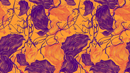 Aufkleber - Seamless floral pattern with orange and purple flowers on orange background