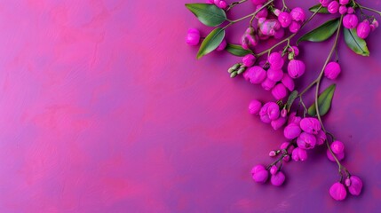 Wall Mural - A pink background with purple flowers on it. The flowers are arranged in a way that they look like they are growing out of the background. Scene is one of beauty and elegance