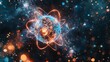 © MAY - A digitally illustrated atom with electrons orbiting a nucleus, set against a dark, starry background, showcasing the fundamental building blocks of matter.