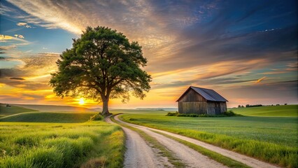 Sticker - Scenic rural landscape with a solitary tree and small barn under a serene sunset sky, with winding paths through farm fields, sunset