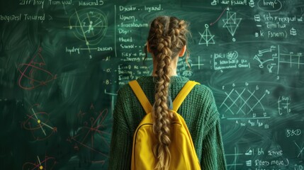 A student with long braided hair wearing a green sweater stands against a dark green chalkboard filled with physics equations. Yellow backpack on their shoulder.