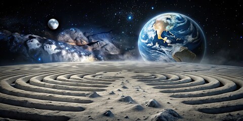 Wall Mural - mysterious labyrinth on the moon with earth on the horizon , moon, labyrinth, space, exploration, my