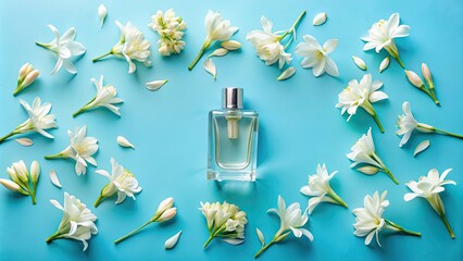 Sticker - Flat lay of tuberose perfume bottle surrounded by tuberose petals on blue background, tuberose, perfume bottle, flat lay, petals