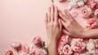 © 69 - A woman's hands being meticulously manicured, with a pale pink and floral backdrop enhancing the relaxing atmosphere