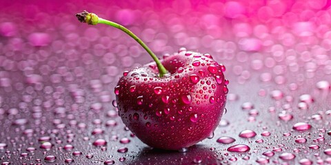 Poster - Close-up of a pink cherry with water droplets, pink, cherry, fruit, close-up, macro, fresh, dew, water droplets, vibrant