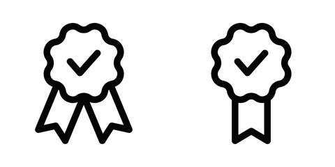 Vector illustration of two award ribbons with checkmarks. Ideal for concepts of achievement, quality assurance, and certification. Editable stroke.