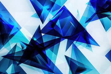 An abstract composition of triangles in varying shades of deep blue and bright cyan, 