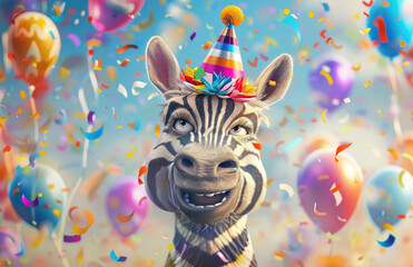 Wall Mural - zebra wearing party hat, surrounded balloons and confetti
