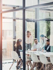 Aufkleber - Window, business people or talking in meeting for paperwork, teamwork or collaboration together. Entrepreneur, investor or executive director speaking in discussion for feedback, planning or project