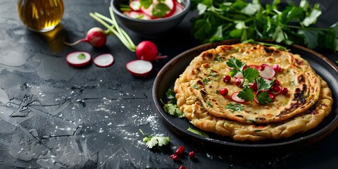 Canvas Print - Savor the sight of stuffed Mooli Paratha with pickled radishes from the top. Concept Food Photography, Stuffed Paratha, Mooli Paratha, Pickled Radishes, Top View Shot