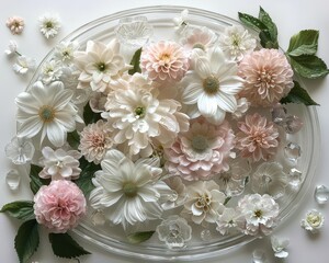 Poster - A light and airy arrangement of white and pink flowers on a glass plate with leaves and clear stones, creating a feeling of serenity and purity.