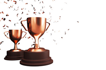 Poster - Two bronze trophies with confetti on a white background, symbolizing celebration of success or victory. 3D Rendering