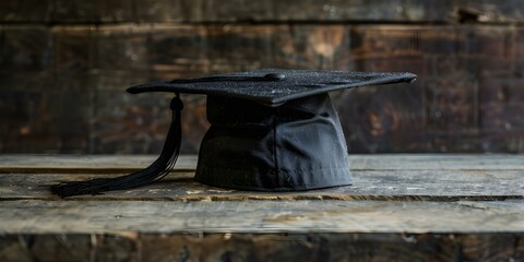 Wall Mural - Graduation cap placed on wooden table for display or montage. Concept Graduation Cap, Wooden Table, Display, Montage