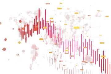 Poster - Abstract data visualization with a world map overlay and numerical data points on a white background, concept of global analytics. 3D Rendering