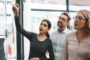 Poster - Woman, teamwork and office with writing on board with notes, discussion and planning with brainstorming. Coach, training and group by glass wall, synergy and collaboration with strategy in workplace