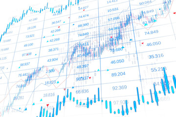 Fototapete - An intricate financial chart with various types of graphs, numerical data, and trend lines against a white background, representing the concept of market analysis. 3D Rendering