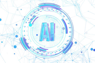 Poster - A digital illustration of the letters AI styled in a tech-theme with circular patterns and network lines on a blue and white background, representing artificial intelligence. 3D Rendering