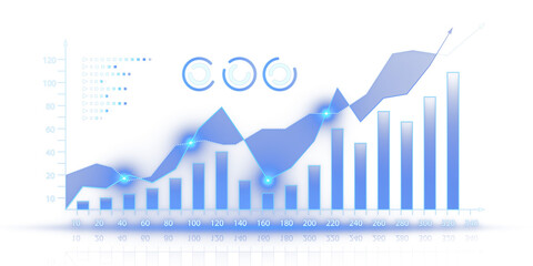 Stylized blue growth chart with bar and line graphs on a white background, representing financial analysis concept. 3D Rendering