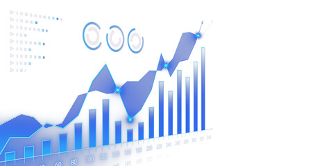Poster - A digital illustration of a rising bar graph with a dynamic line chart, on a white and blue background, concept of growth. 3D Rendering