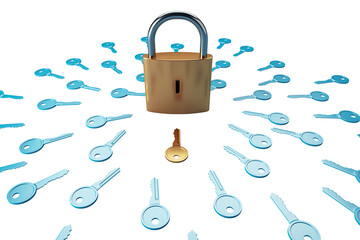 Poster - An illustration of a golden padlock surrounded by scattered blue keys on a clean, white background, symbolizing security or access control. 3D Rendering
