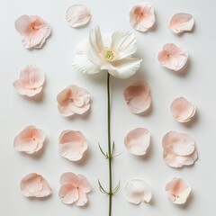 Poster - The pink petals and a single white flower were delicately placed on a smooth, white surface, showcasing a minimalist and elegant design.