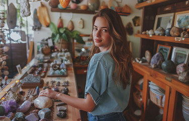 woman in a mineral and gemstone and crystal shop