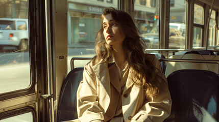 Wall Mural - brunette woman wear a trench coat and travel on a bus