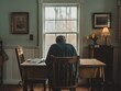 © jessica - an elderly person sitting alone at a dining table, looking at a photo album, symbolizing loneliness in old age.
