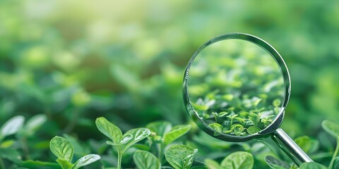 Wall Mural - Green Sustainability The Symbolism of a Magnifying Glass on Green Plants. Concept Sustainability, Green, Environment, Magnifying Glass, Plants