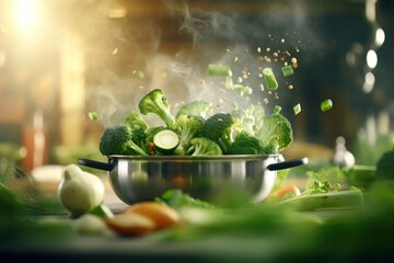 Wall Mural - Fresh green vegetables ingredients for cooking flying into the pot the kitchen.