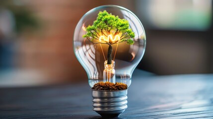 creative concept of sustainable energy represented by a tree growing inside a light bulb, symbolizin
