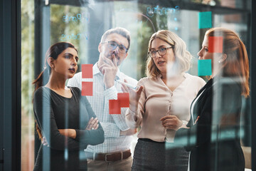 Poster - Woman, team and discussion with notes on board with review, listening and planning with brainstorming. Coach, training and group by glass wall, questions and collaboration with strategy in office