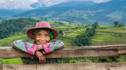 Woman in hat and patterned clothing leans on fence by rice terraces