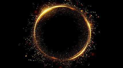 Wall Mural - gold glitter circle of light and sparkles on black background: featuring a circle frame of sparkling