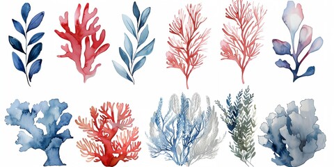 Wall Mural - Different types of seaweed are shown in a painting. A set of red and blue plant with long, thin leaves