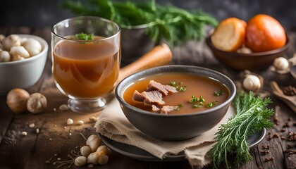 Wall Mural - Homemade Organic Beef Bone Broth in a Bowl
