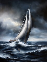 Wall Mural - Illustrate a lone sailboat navigating through rough seas, representing the journey of life, the strength to stay the course, and the hope of reaching calm waters.