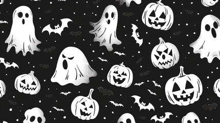 Halloween pattern white black illustration. Pumpkins, bats, ghosts. Cartoon design. Holiday Autumn Art. Wallpaper Background  