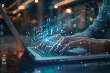 Person typing on laptop with colorful data and code glowing in background, advanced technology for business success.